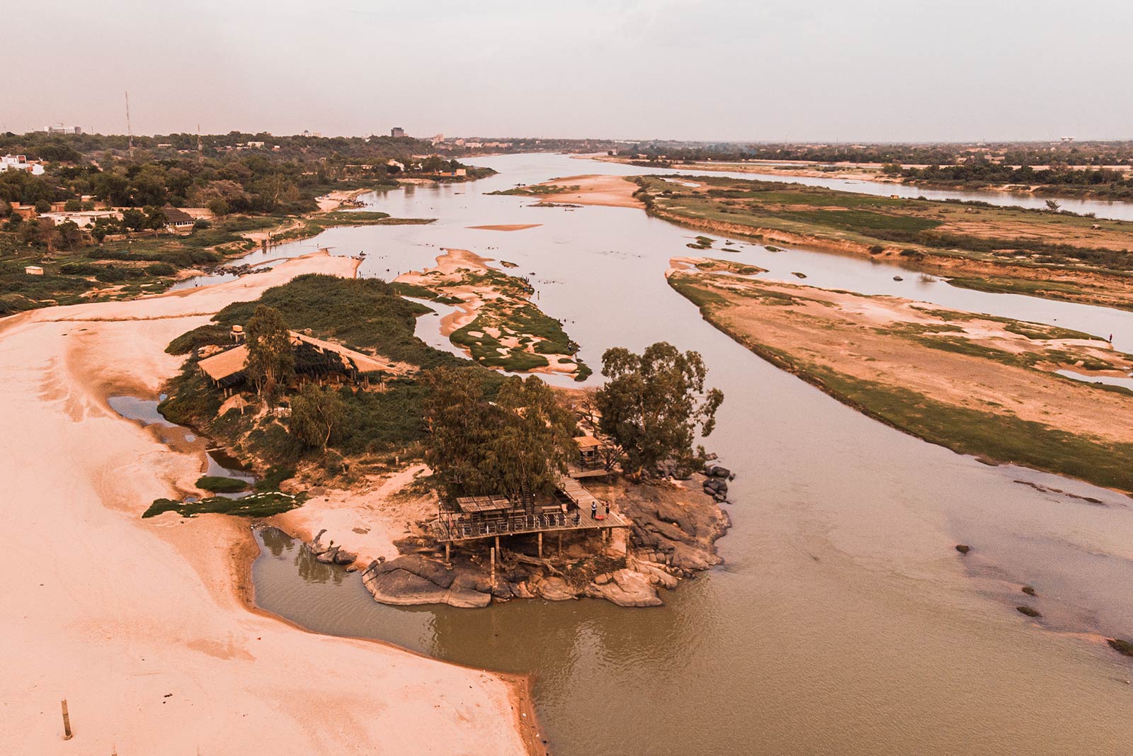 Birds eye view of Cape Banga and Niger River in Niger. Flying a drone in Niger