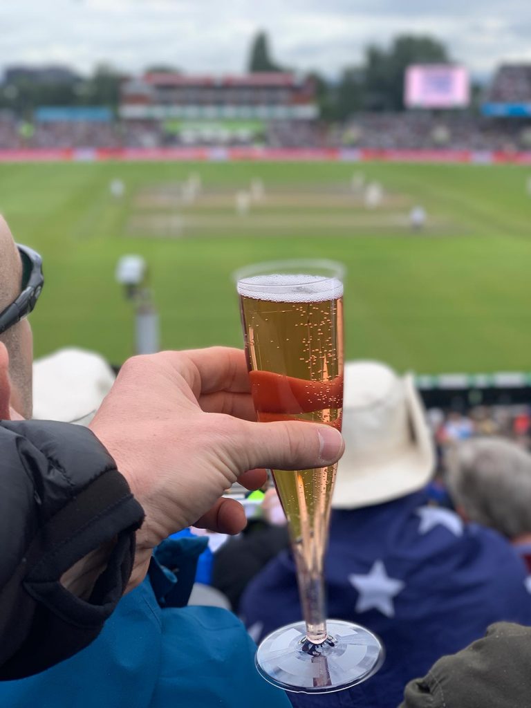 Glass of beer at Old Trafford Cricket Ground in Trafford, England. The ashes, 2019