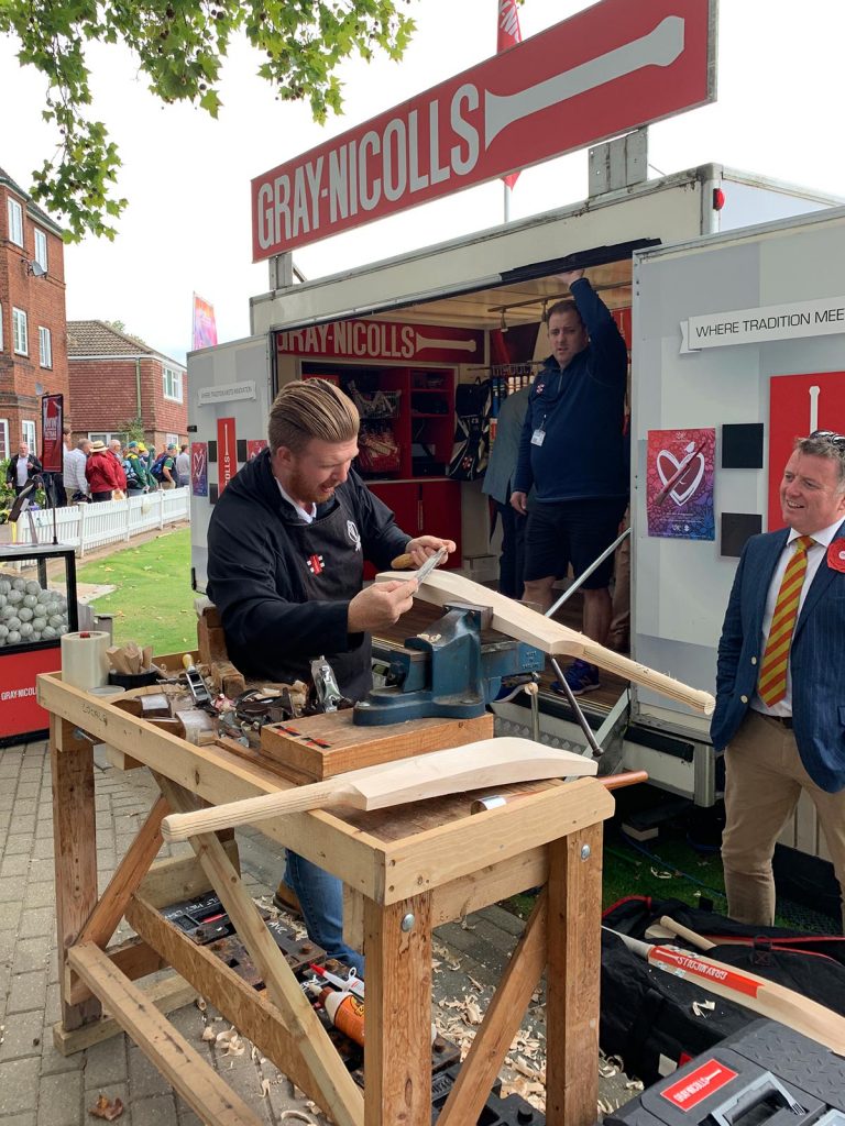 Cricket bat maker in Trafford, England. The ashes, 2019