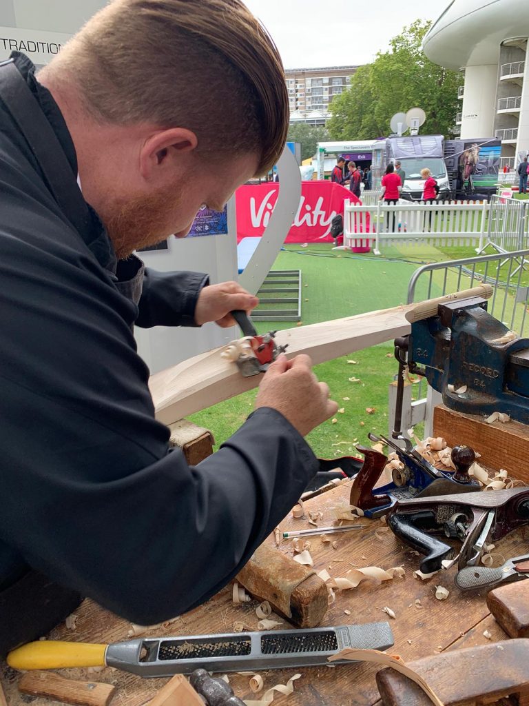 Cricket bat maker in Trafford, England. The ashes, 2019
