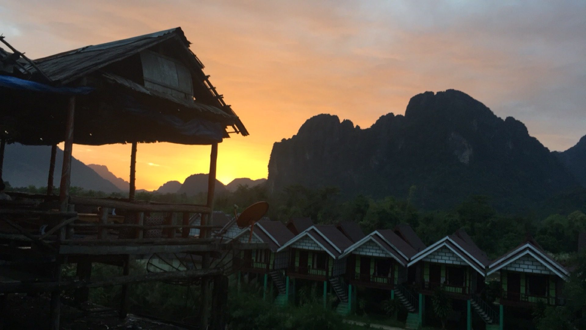 Vang Vieng sunset in Laos. The day after tubing in Vang Vieng