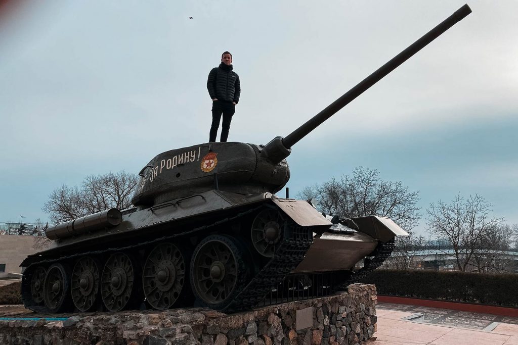 David Simpson on top of Tank Monument in Tiraspol, Transnistria. A day in Transnistria