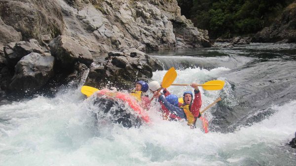 White water rafting in River valley in NZ. White water rafting and games at River valley