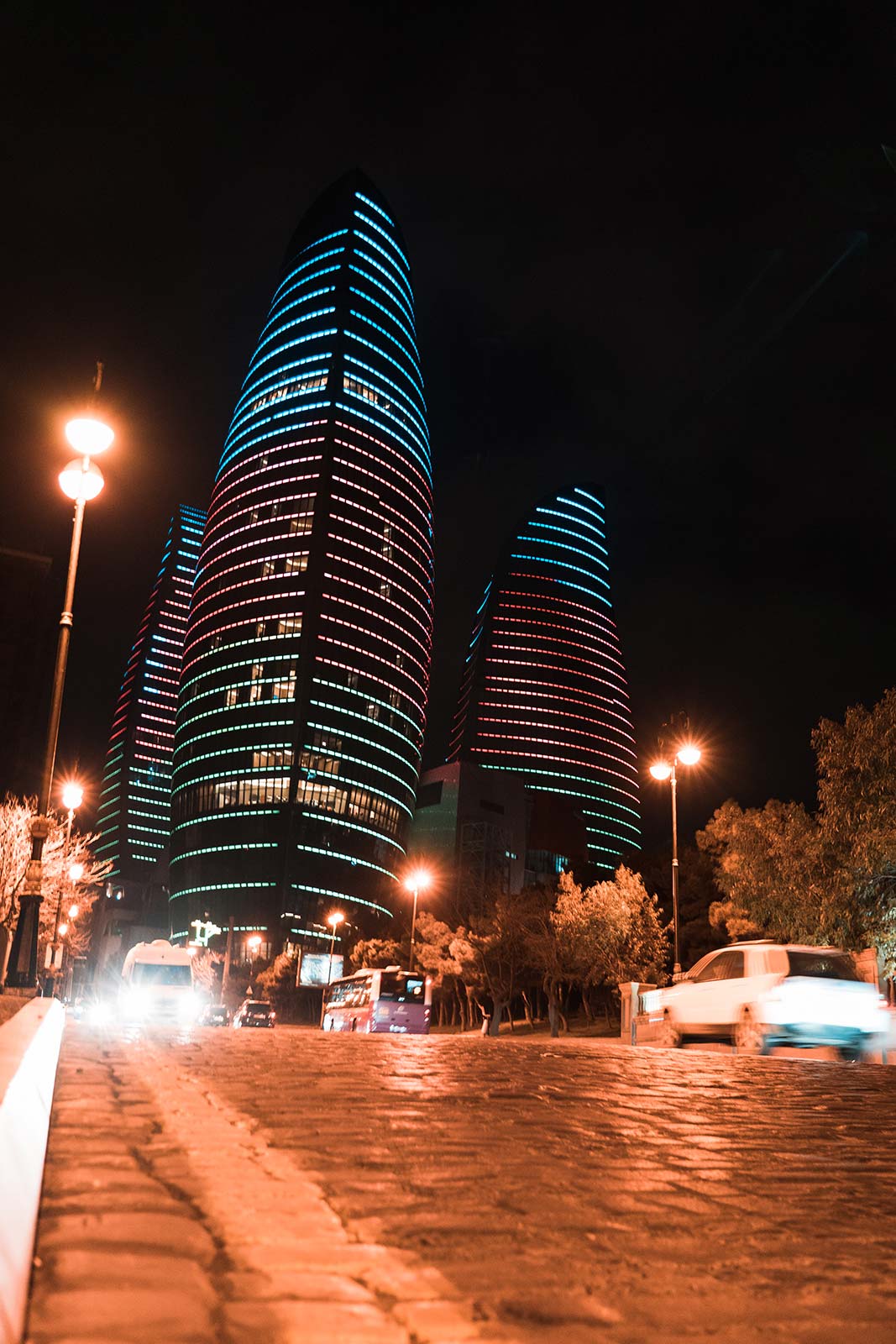 Flame Towers Building at night in Baku, Azerbaijan. Arriving in Baku