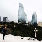 David Simpson and the Flame Towers in Baku, Azerbaijan. Confused taxis and pick ups