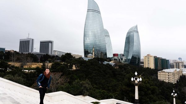 David Simpson and the Flame Towers in Baku, Azerbaijan. Confused taxis and pick ups