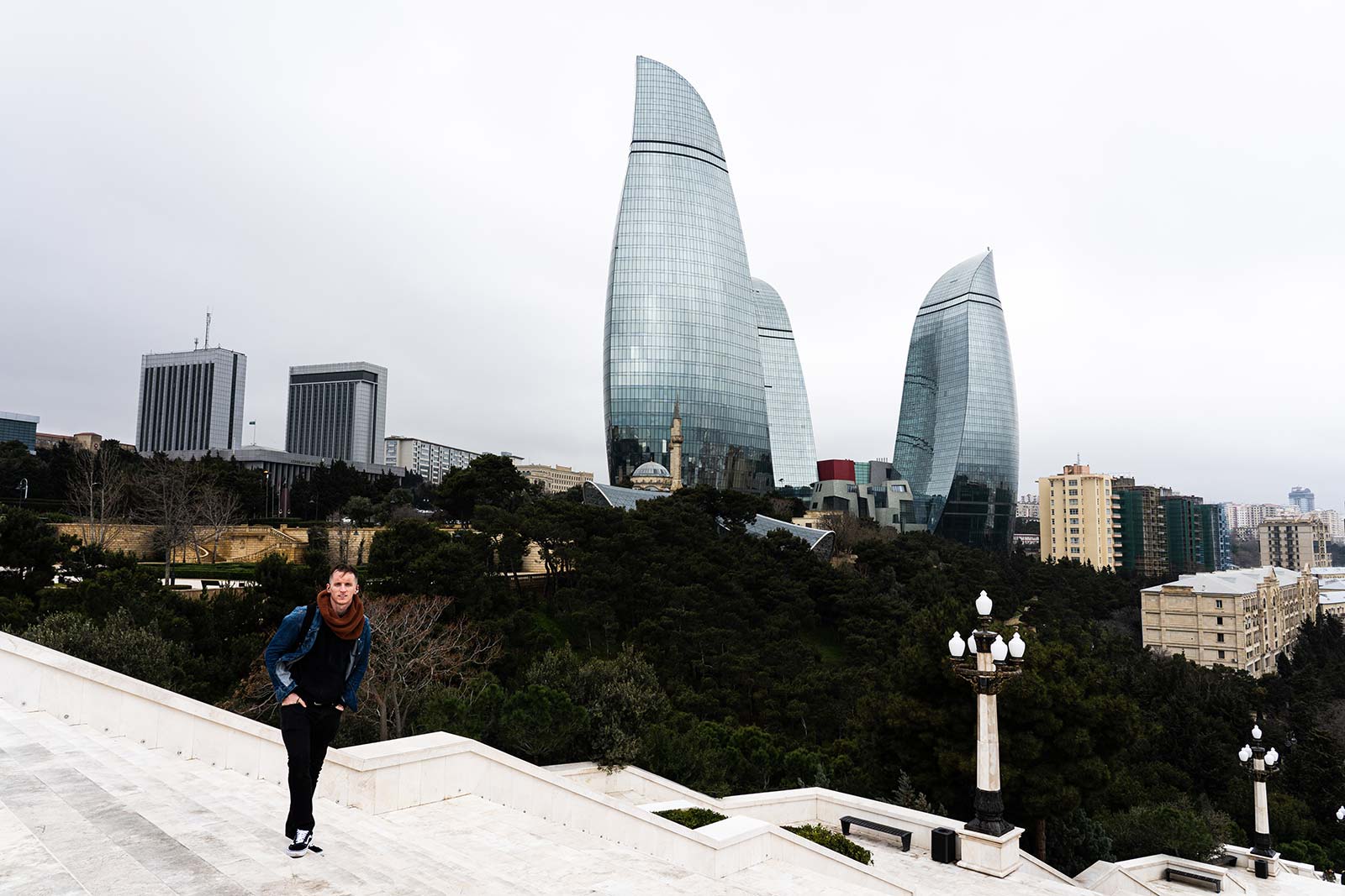 David Simpson and the Flame Towers in Baku, Azerbaijan. Confused taxis and pick ups