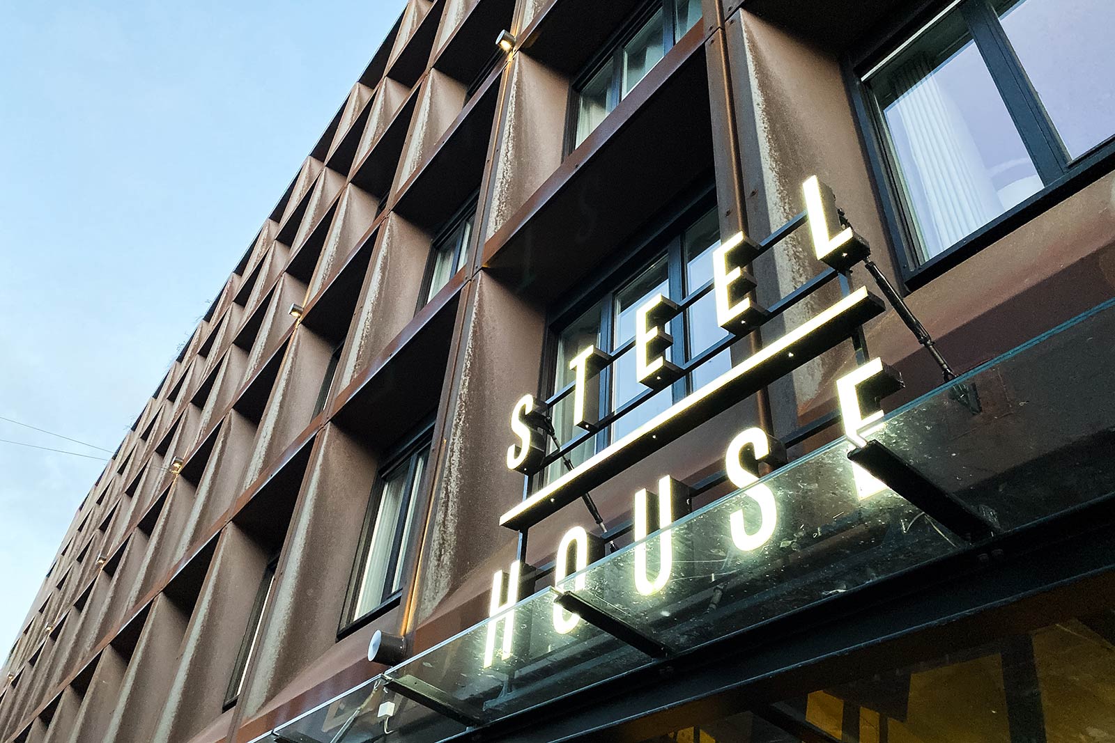 The facade of Steel House hostel in Copenhagen, Denmark. Best hostel in Copenhagen