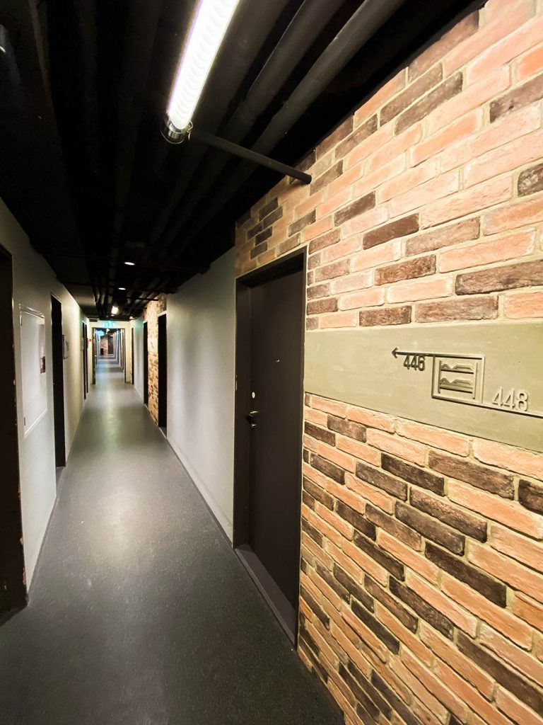 Rooms along corridor at Steel House in Copenhagen, Denmark. Best hostel in Copenhagen