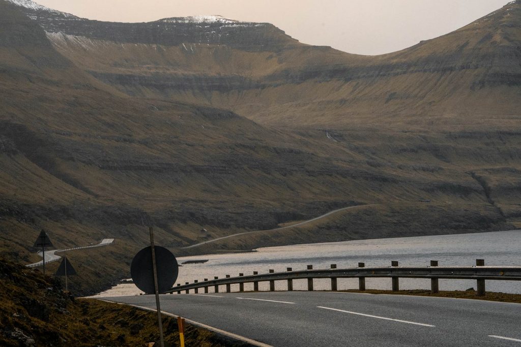 Highway in Faroe Islands. Getting blown off Mt Villingardalsfjall