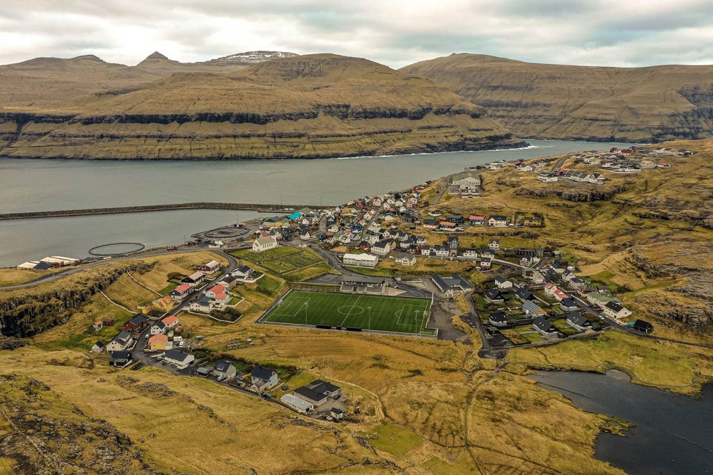Football field at Gjogv in Faroe Islands. The gem of the Faroe Islands