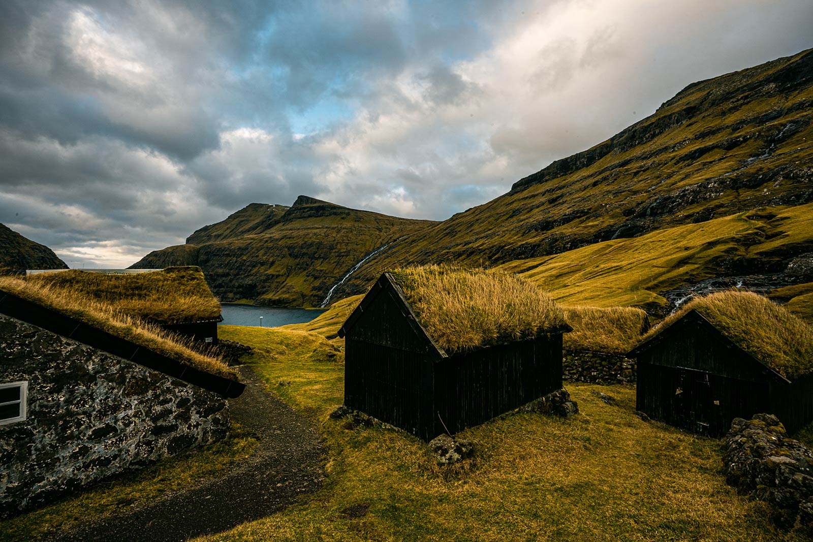 Houses with turf roof at Saksun in Faroe Islands. The gem of the Faroe Islands