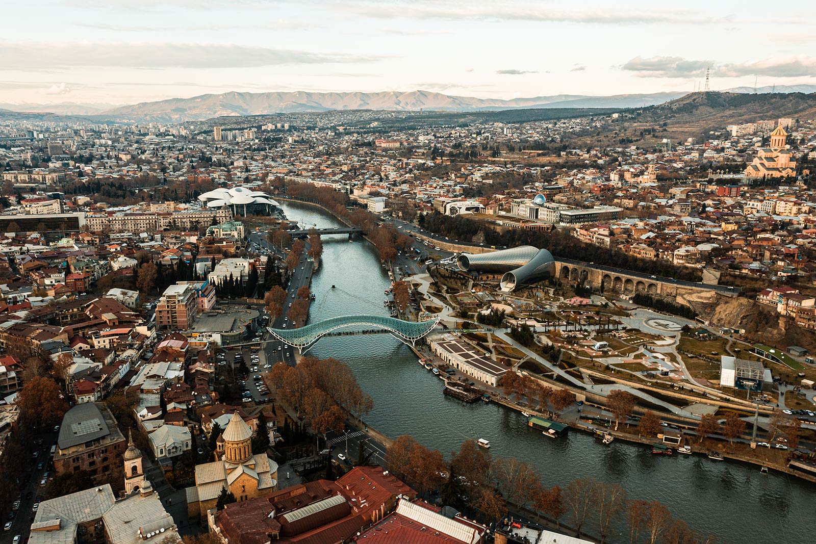 Birds eye view of the city of Tbilisi, Georgia. Wine at Georgian immigration