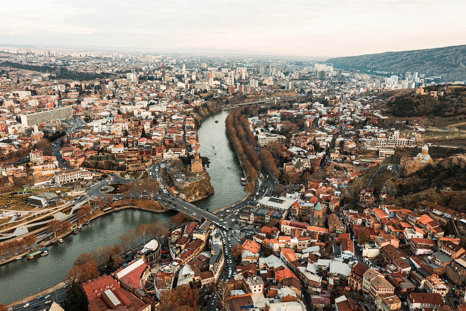 Birds eye view of Tbilisi, Georgia. The disputed series, reflection post