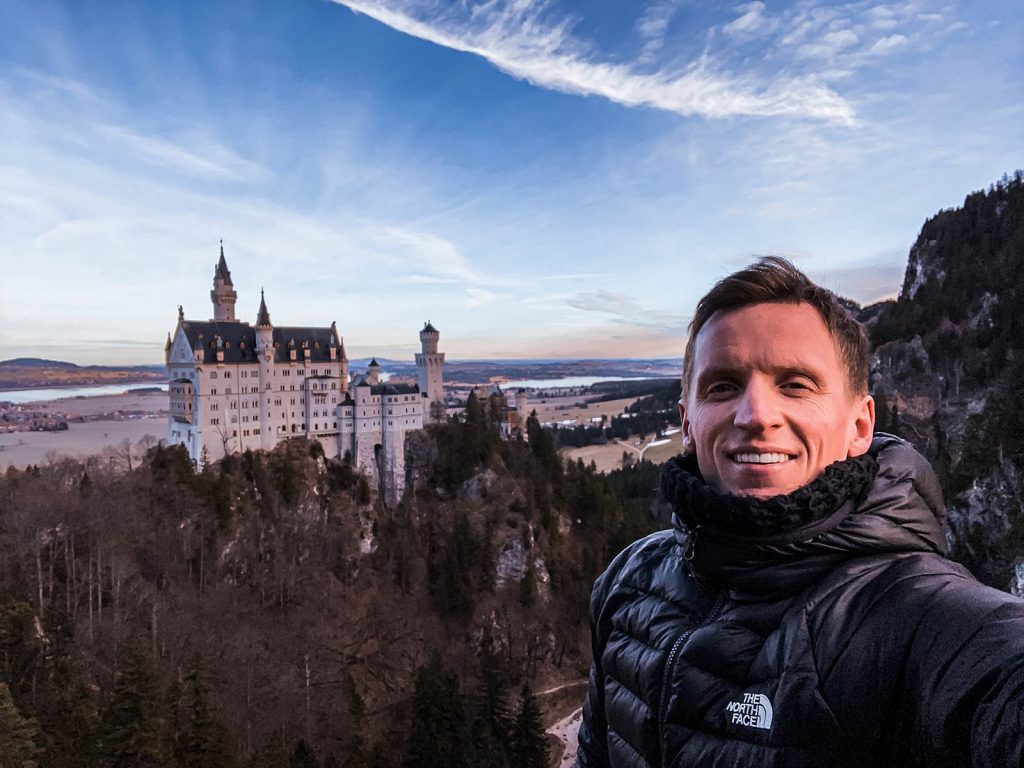David Simpson at Schloss Neuschwanstein Castle in Schwangau, Germany. Fairytale castles in the Alps