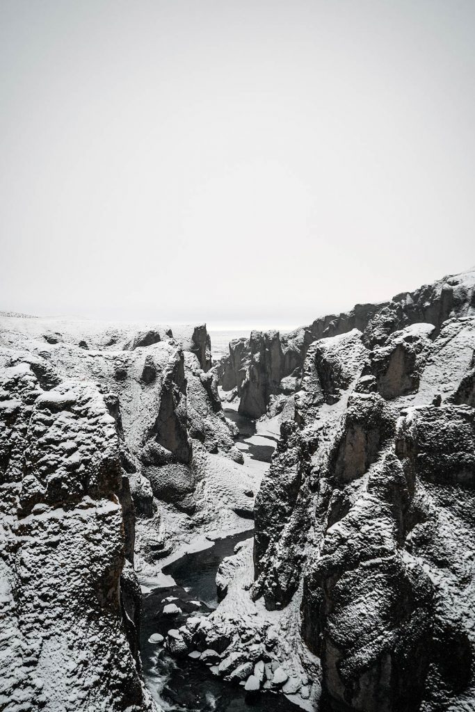 Fjaðrárgljúfur Canyon in Iceland. Waking up in a winter wonderland