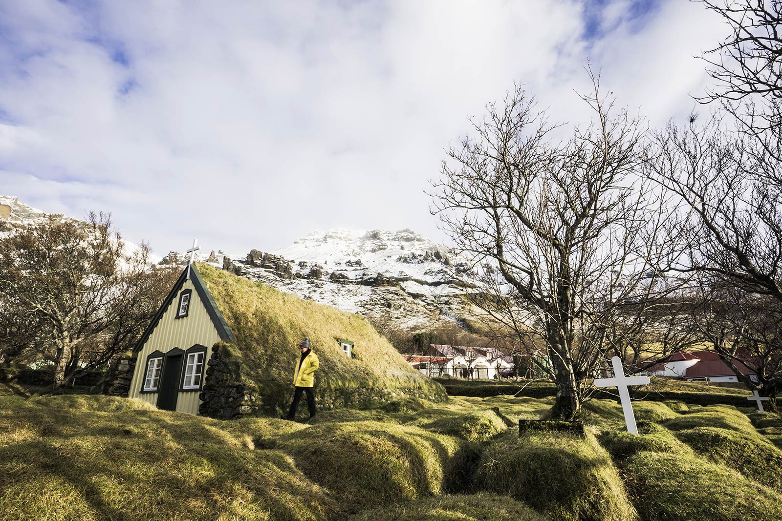 Church with turf roof in Iceland. Waking up in a winter wonderland