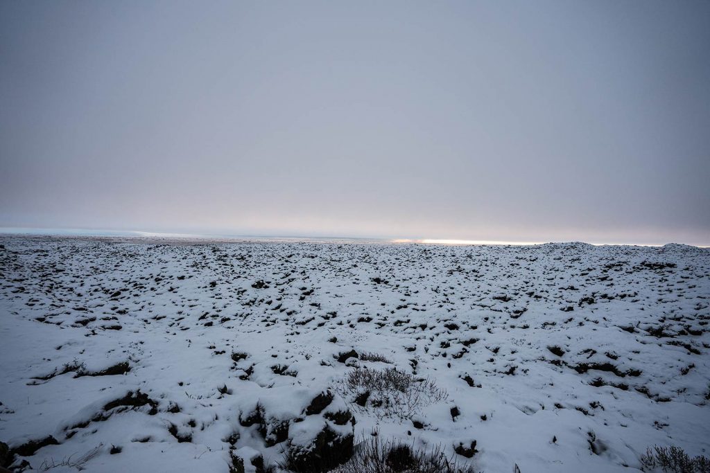 Eldhraun Lava fields with snow in Iceland. Waking up in a winter wonderland