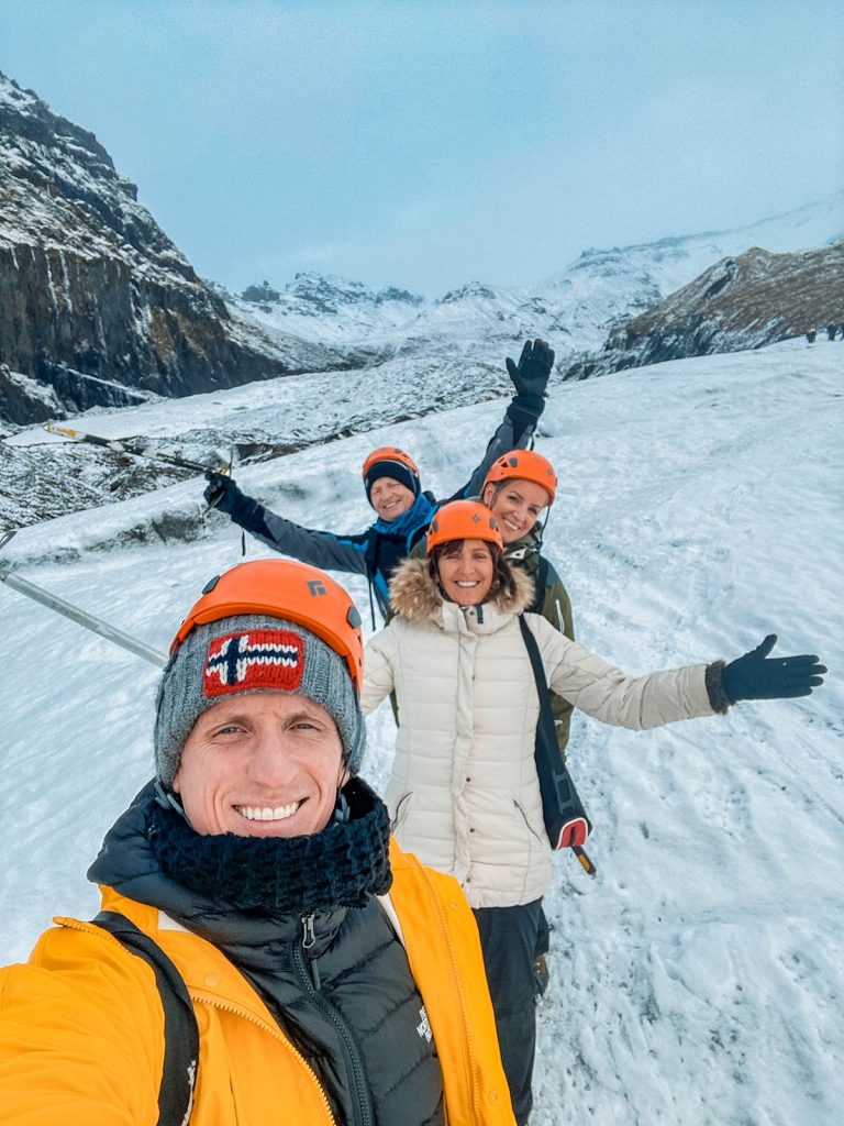 David Simpson and family at Skaftafellsjokul glacier in Iceland. Ice caving in Iceland