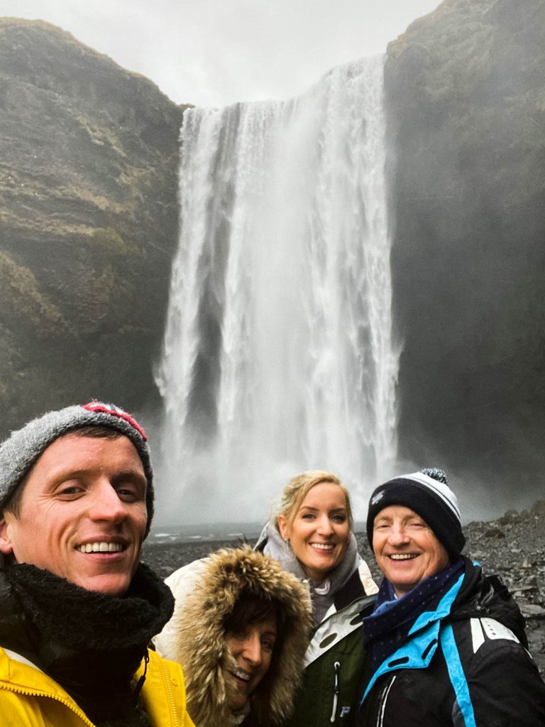 David Simpson and family at Skogafoss Waterfalls in Iceland. A day of waterfalls