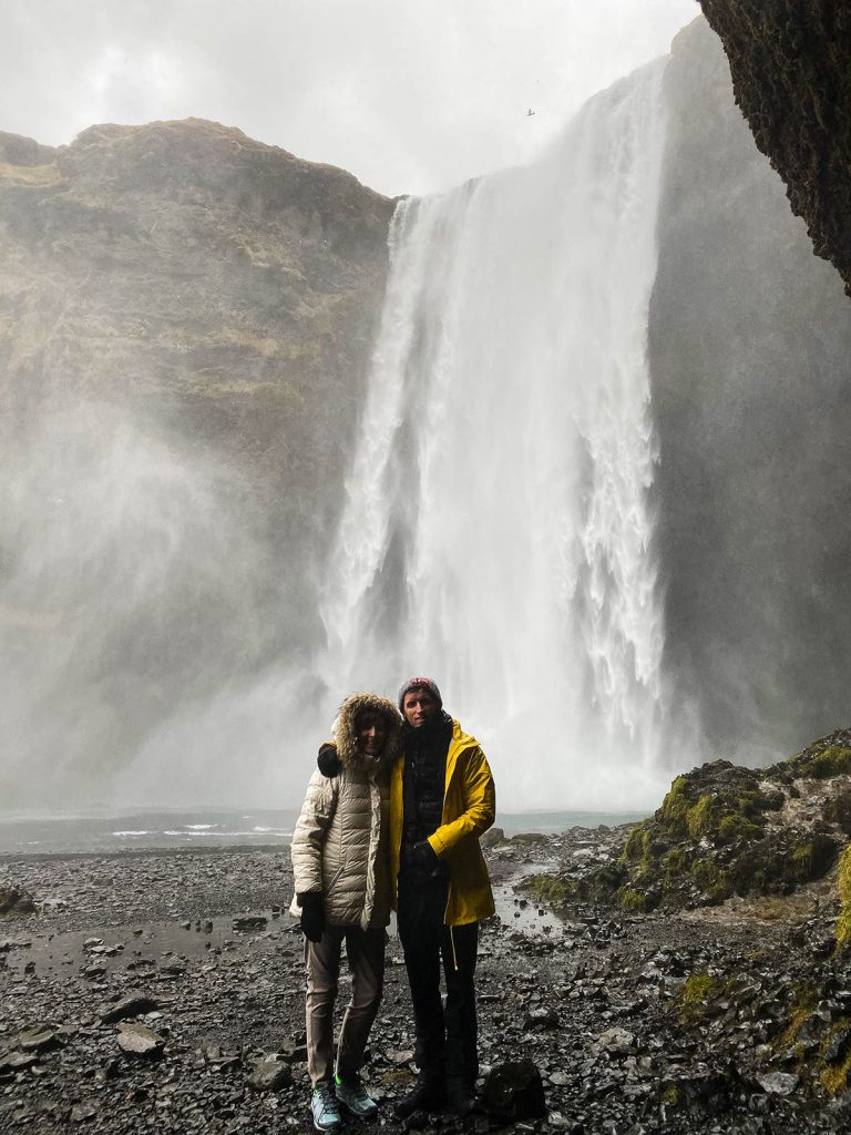David Simpson and mom at Skogafoss Waterfalls in Iceland. A day of waterfalls