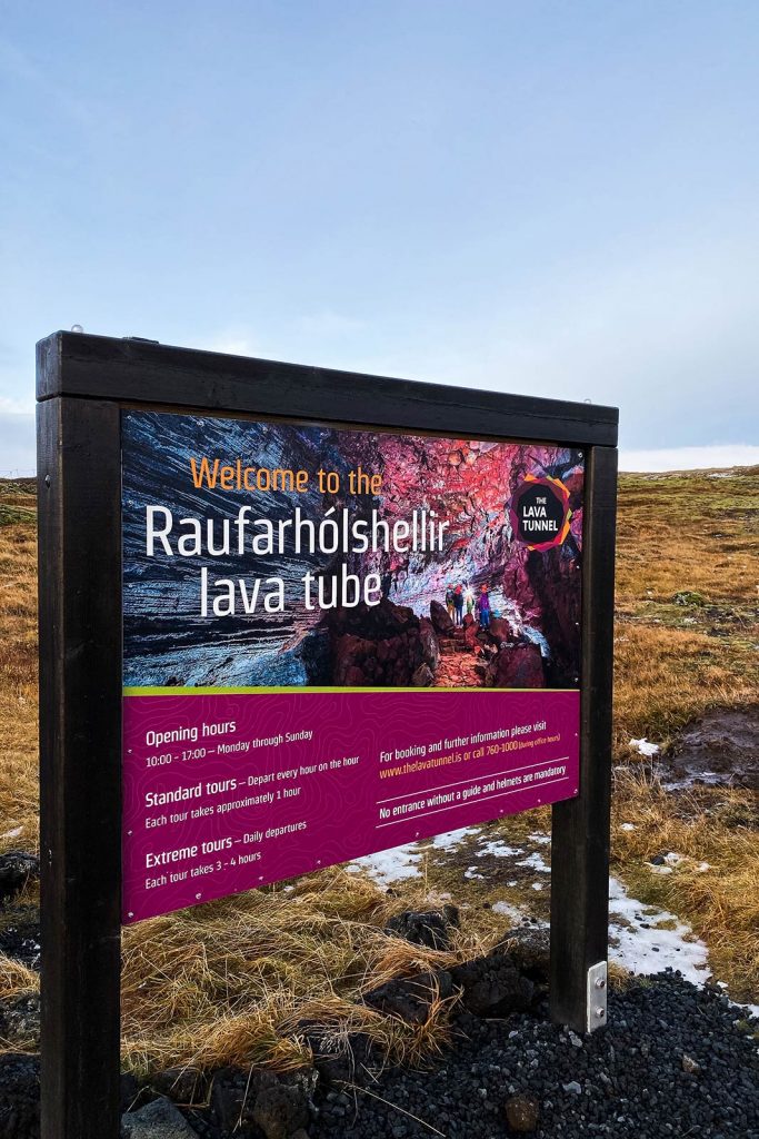 Sign at Raufarhólshellir Lava Tunnel in Iceland. Diving between two tectonic plates