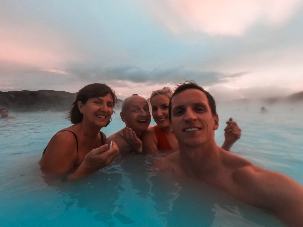 David Simpson and family at Blue Lagoon in Grindavík, Iceland. The Blue Lagoon, Iceland