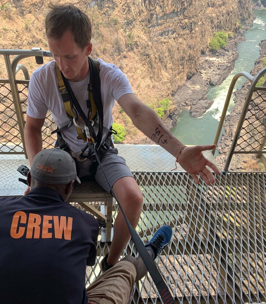 David Simpson bungee jump at Victoria Falls in Zambia, Africa. A bungee and a microlight over Victoria Falls
