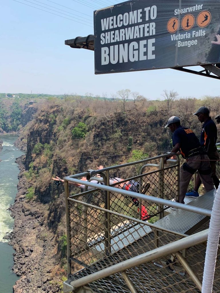 David Simpson bungee jumping at Victoria Falls in Zambia, Africa. The Southern Africa series reflection post