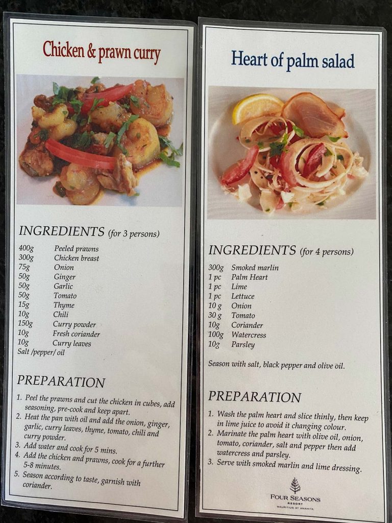 Menu at cookery school in Mauritius, Africa. Mauritian cookery class