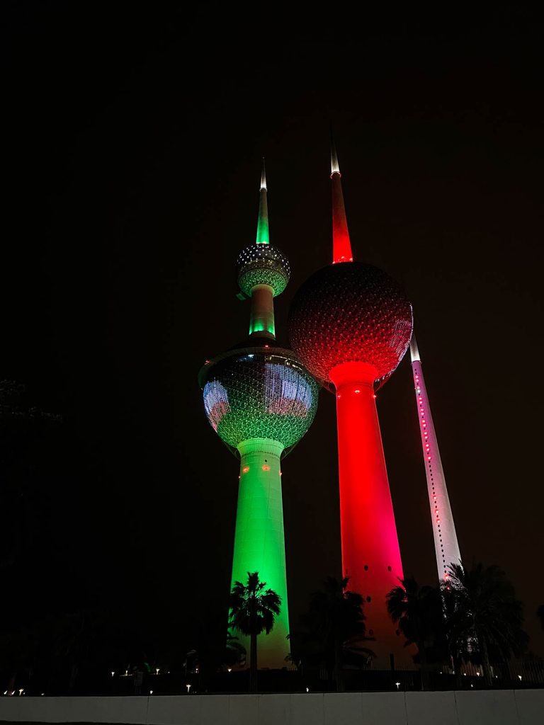 Kuwait Towers at night in Kuwait. Kuwait National Day