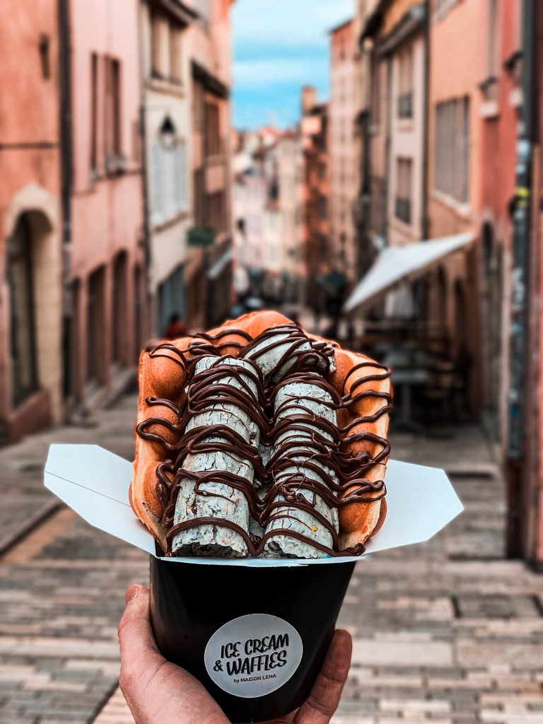 Ice cream and waffles in Lyon, France. A day in Lyon