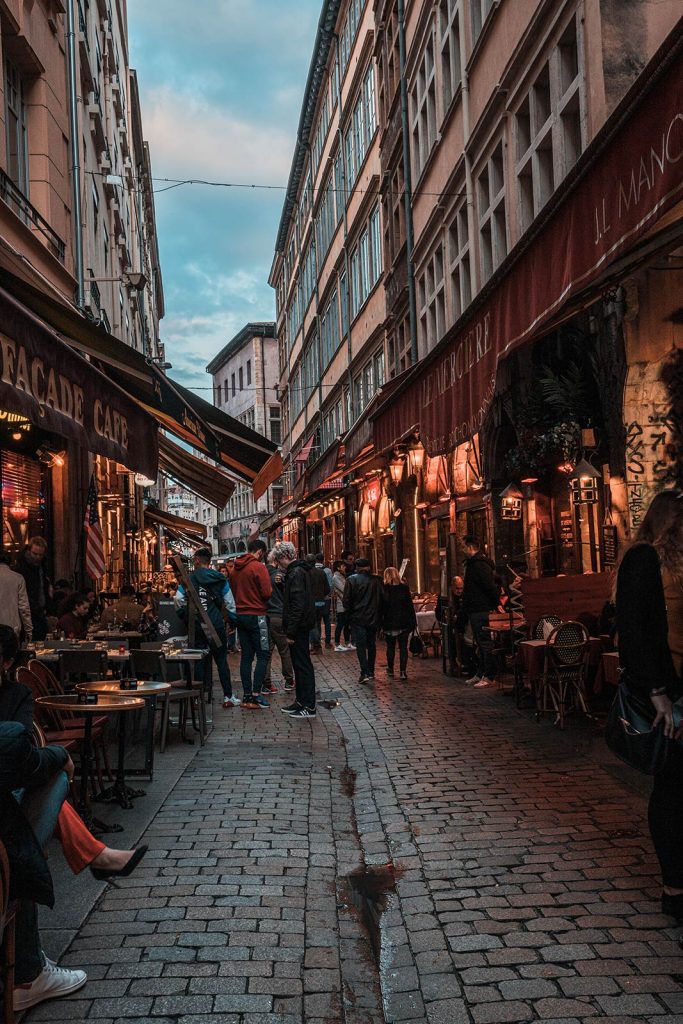 Sidewalk cafes in Lyon, France. A day in Lyon
