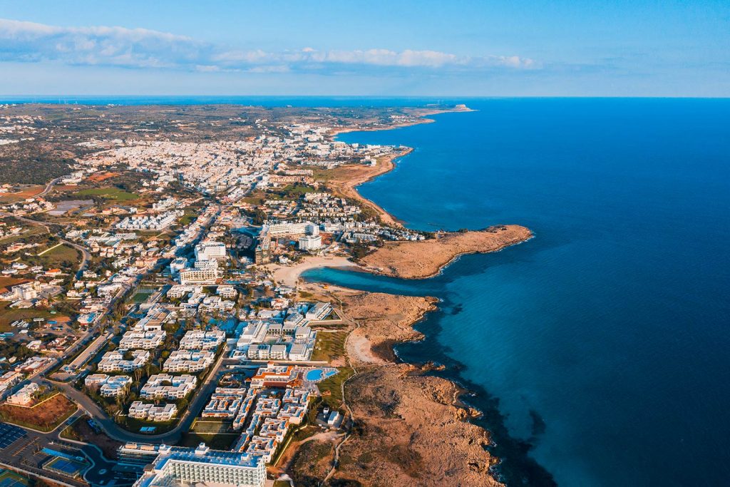 Aerial view of Ayia Napa, Cyprus. Beach hopping in Cyprus