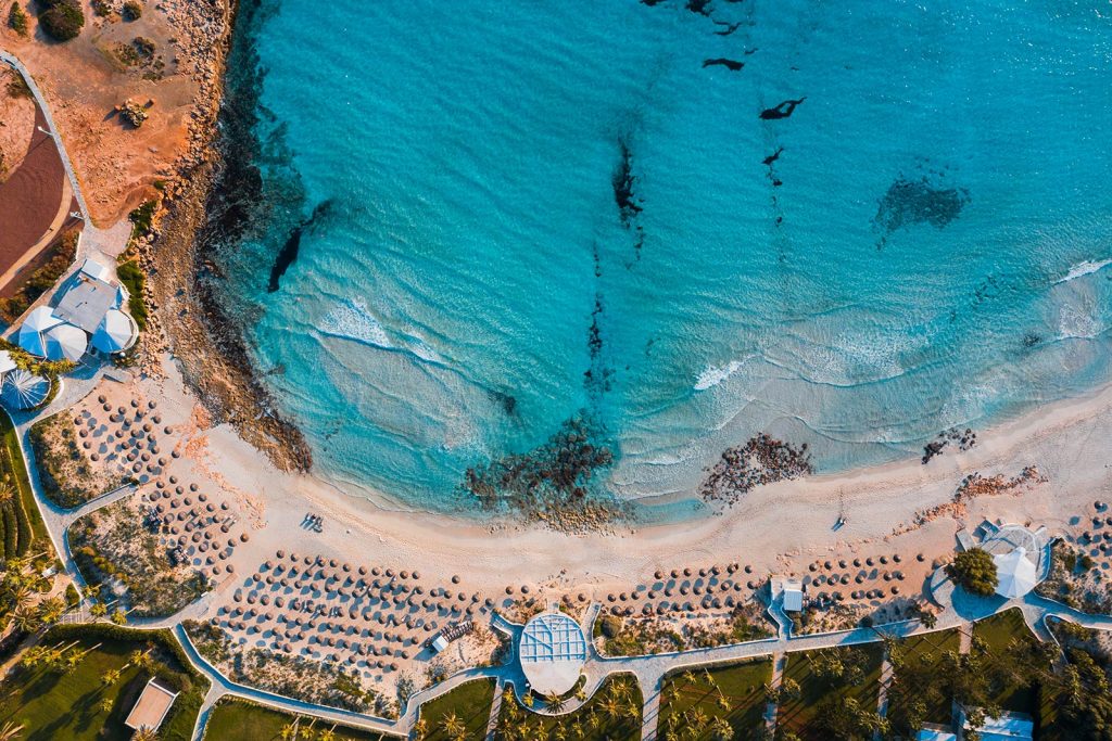 Aerial view of beach in Ayia Napa, Cyprus. Beach hopping in Cyprus