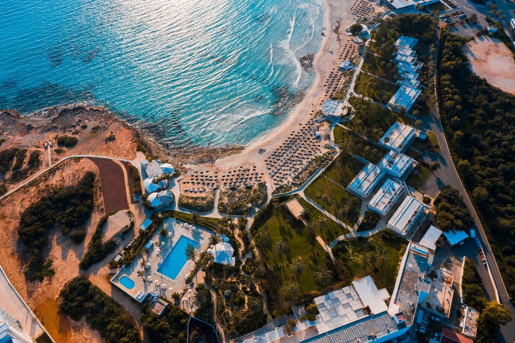 Aerial view of beach in Ayia Napa, Cyprus. The disputed series, reflection post