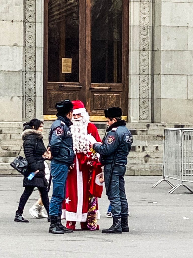 Santa with police officers at Cascade Complex in Yerevan, Armenia. Exploring Yerevan
