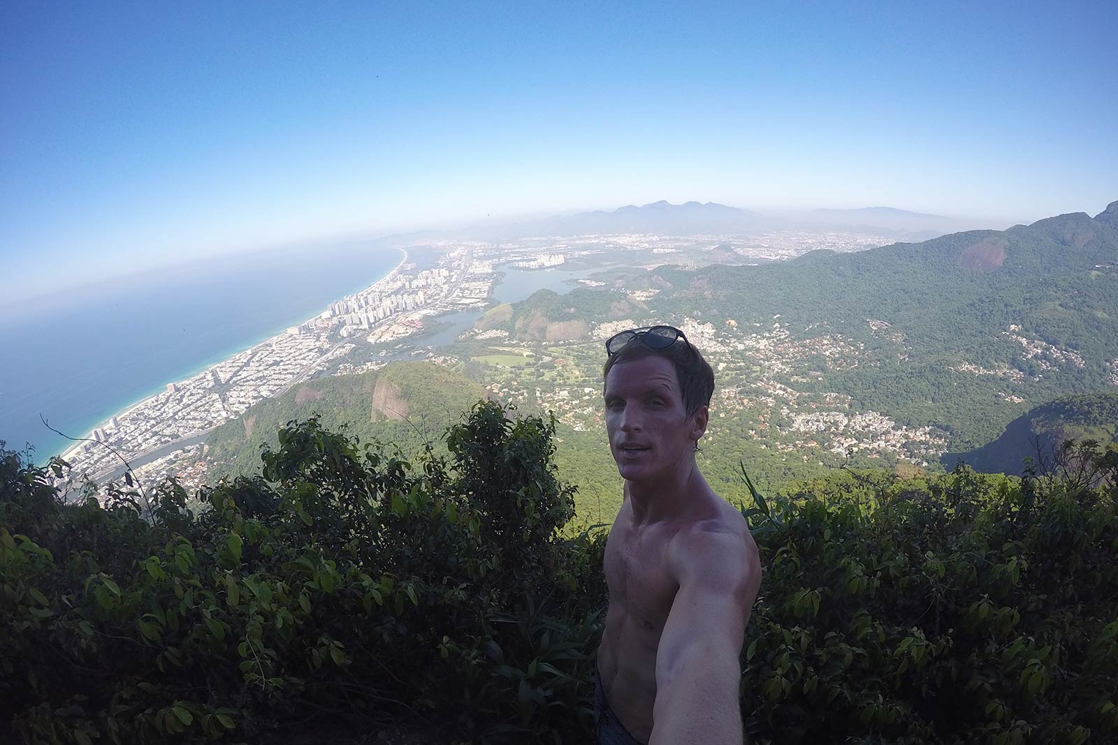 David Simpson sweating on top of the mountain in Gavea, Brazil. Climbing the wrong mountain, the best mistake I've made