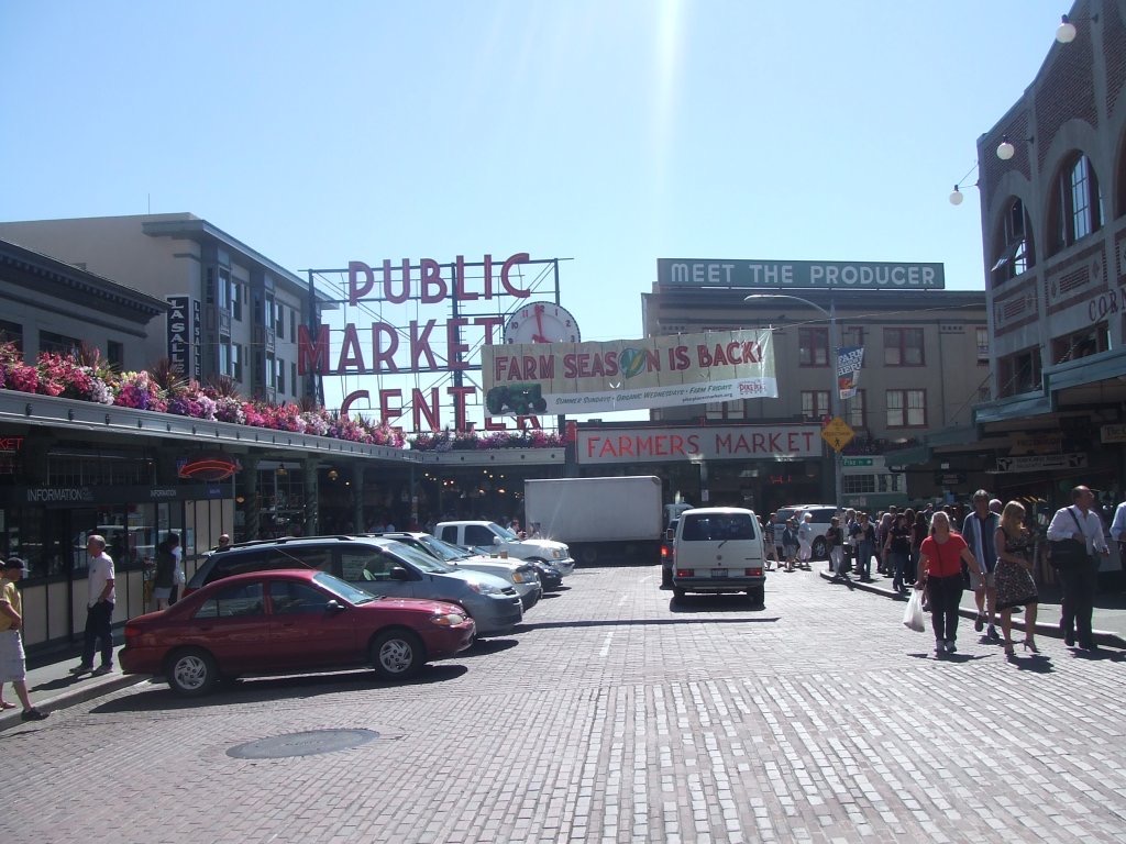Public Market Center in Seattle. Crossing into Seattle
