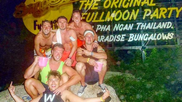 David Simpson and friends at full moon party at Koh Phanghan, Thailand. How to make friends while travelling