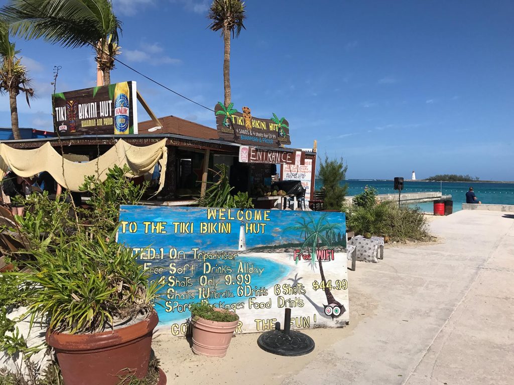 Bikini Hut café in the Bahamas. Diving with sharks in the Bahamas
