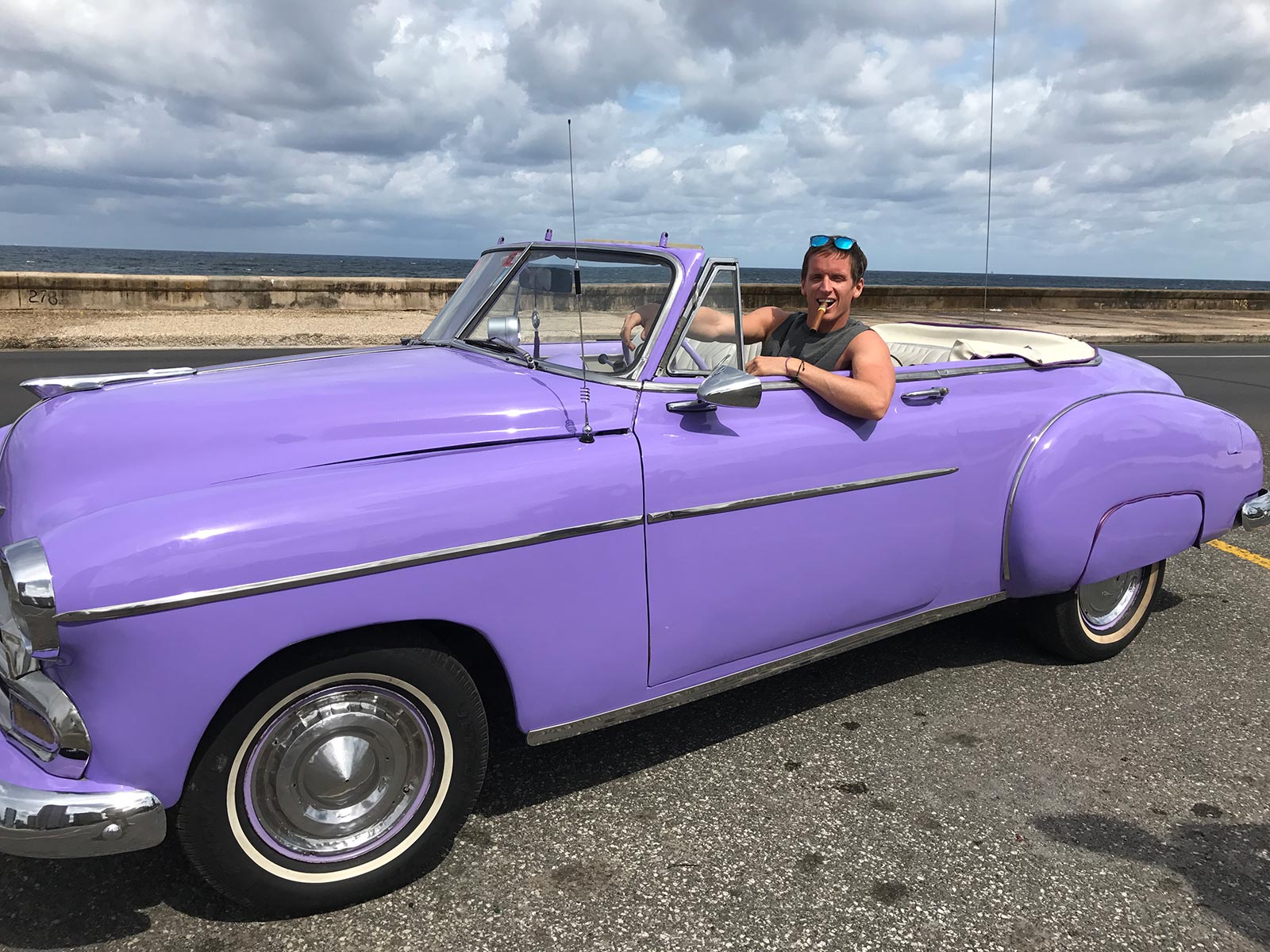 David Simpson riding vintage car in Havana, Cuba. Cigars, cars & cocktails in Cuba