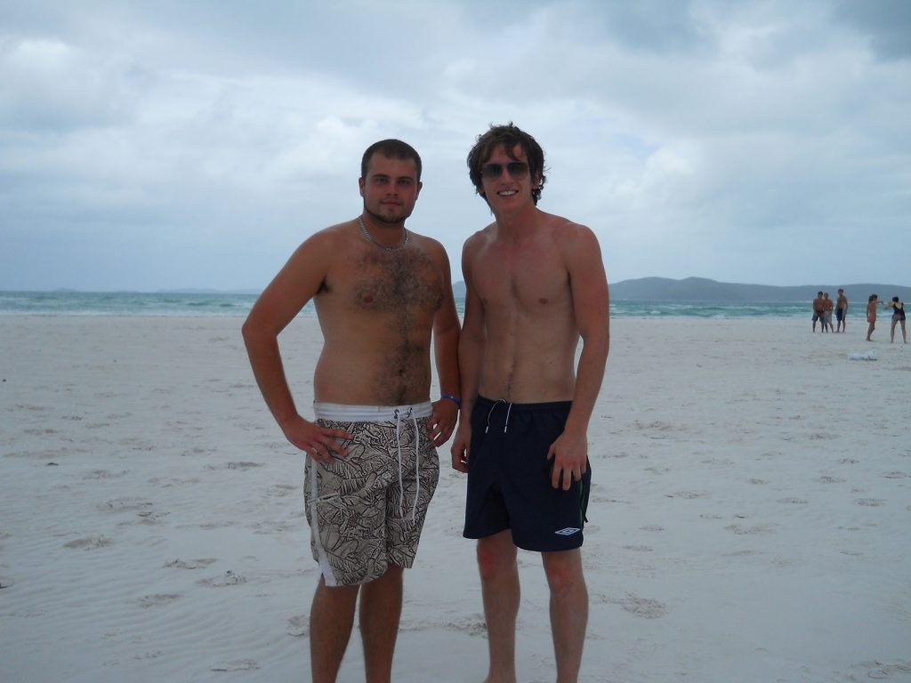 David Simpson and a guy in Whitehaven beach during the Whitsundays cruise. Sleeping under the stars at the Whitsundays