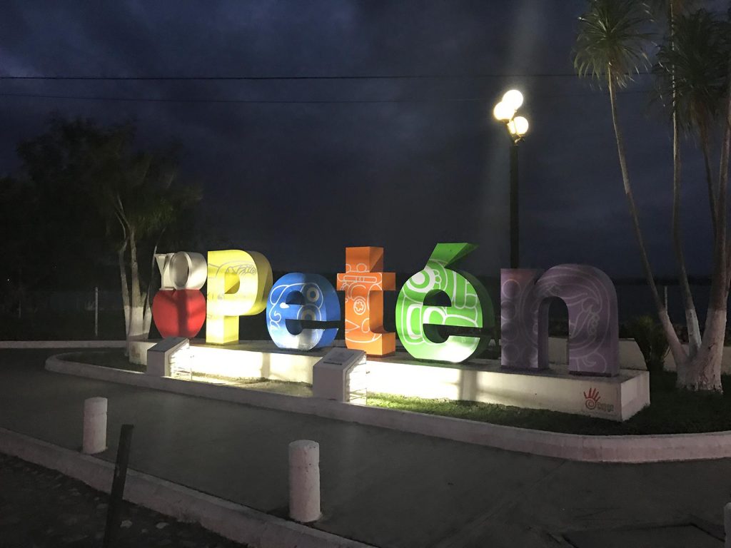 Colorful name at night in Flores, Guatemala. A dislocated shoulder & Tikal Ruins