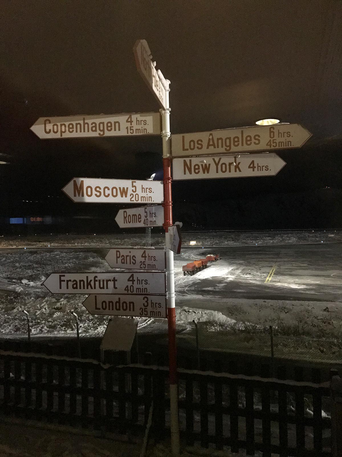World's cities direction sign in Kangerlussauq, Greenland. Emergency landing in Greenland