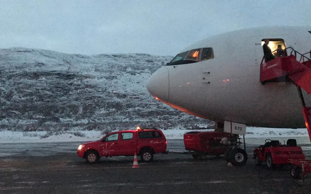 The plane with issue after landing in Kangerlussauq, Greenland. Emergency landing in Greenland