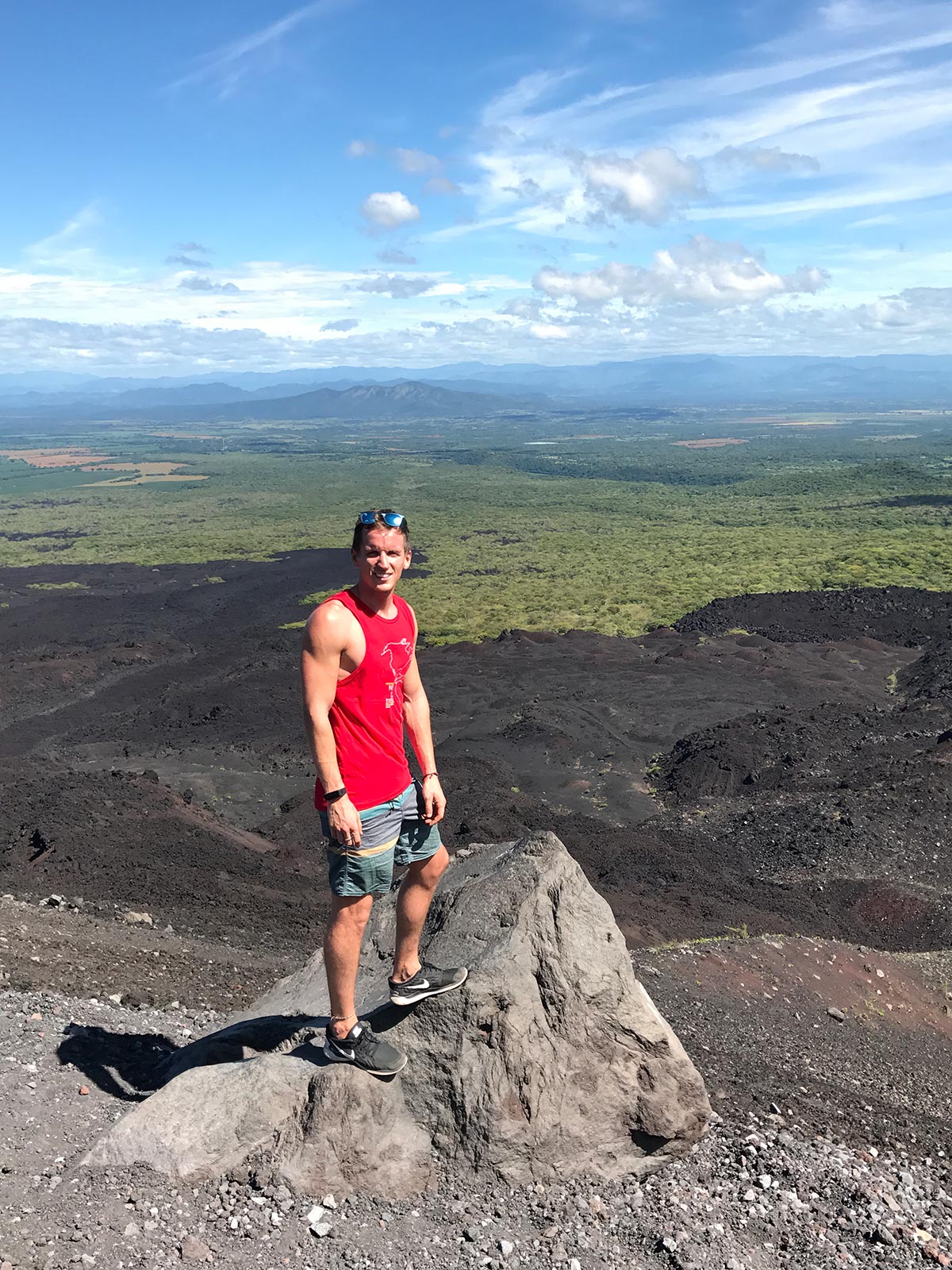David Simpson on top of the volcano in Leon, Nicaragua. Volcano boarding in Leon, Nicaragua & full guide
