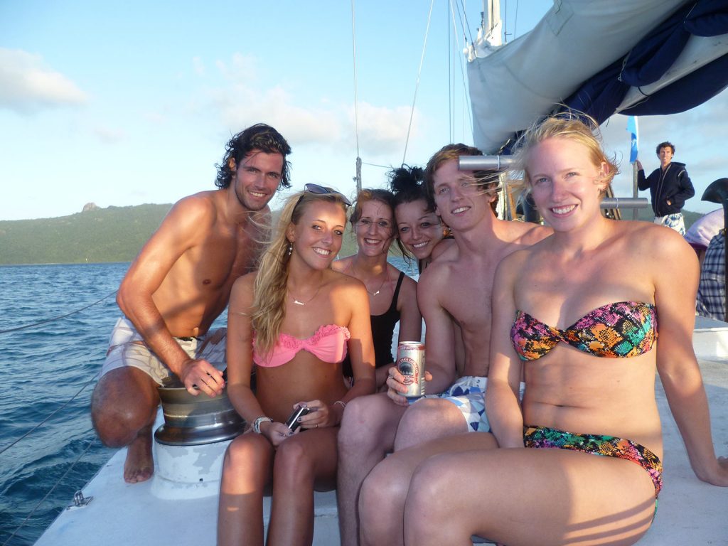 David Simpson with a guy and four girls during the Whitsundays cruise. Sleeping under the stars at the Whitsundays