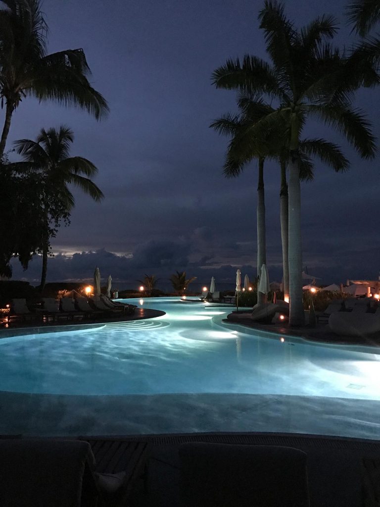 Lighted pool at night in Turks & Caicos. The scariest flight of my life