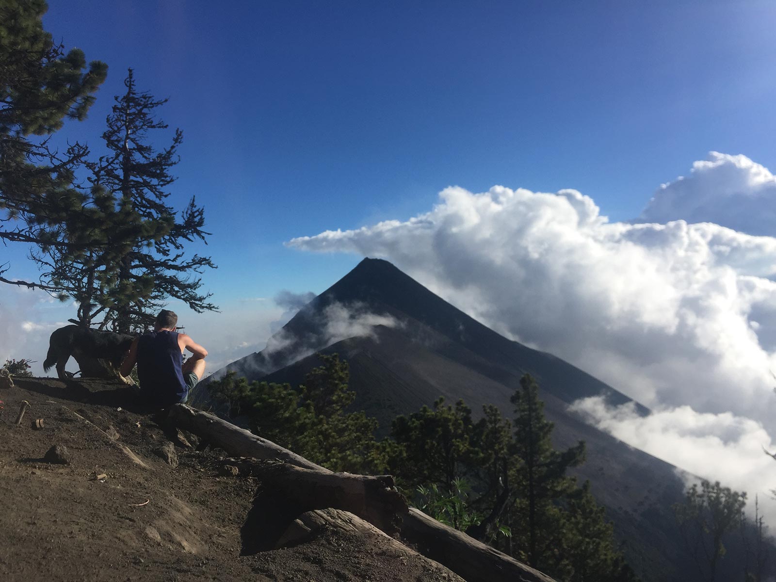 David Simpson and friendly dog viewing an active volcano in Antigua, Guatemala. Volcano hiking in Guatemala
